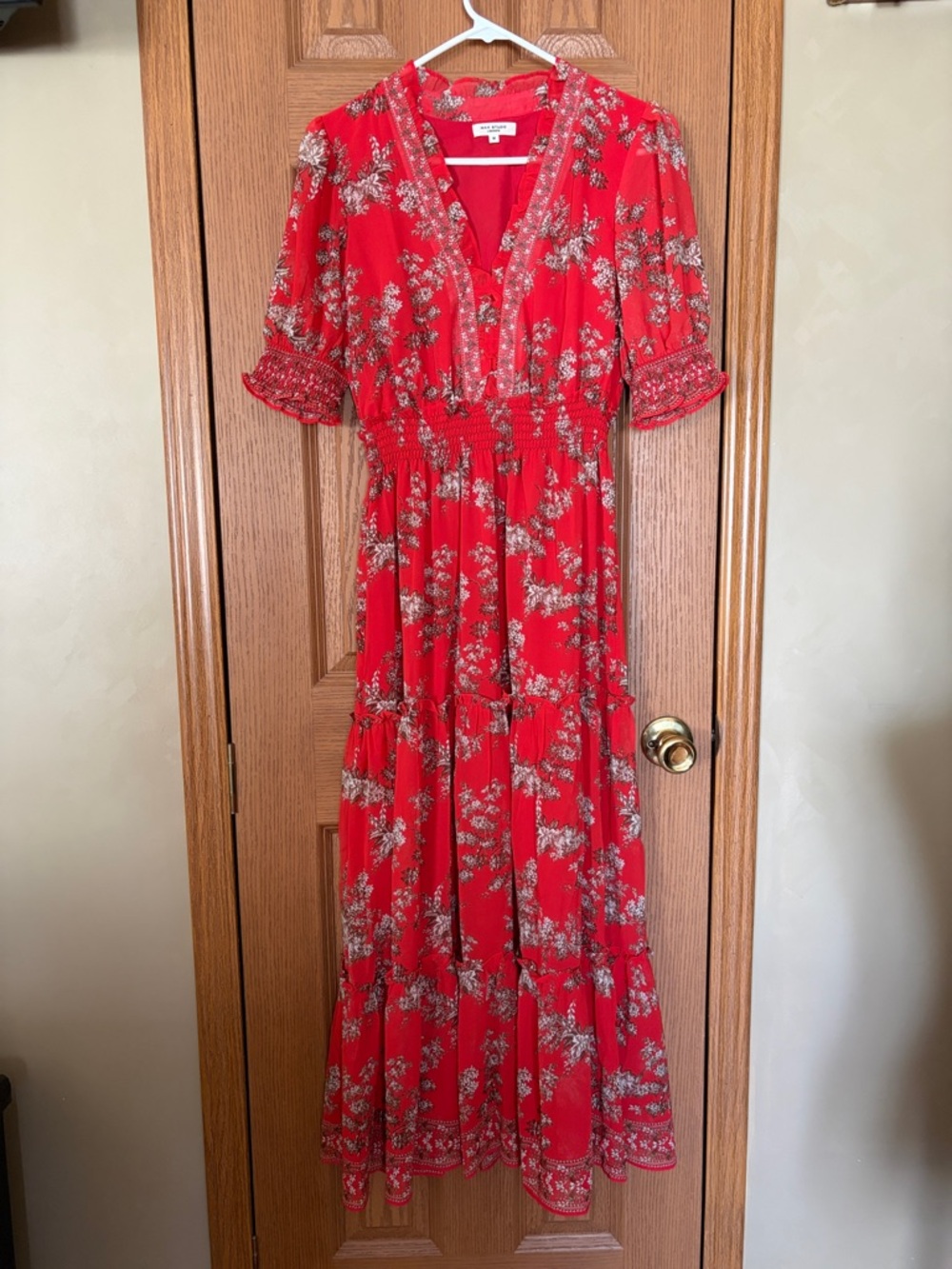 Max Studio Red Floral V-Neck Tiered Maxi Dress